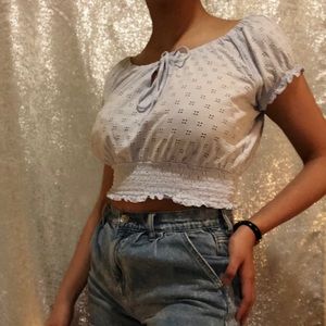Arizona Baby Blue off the shoulder crop top